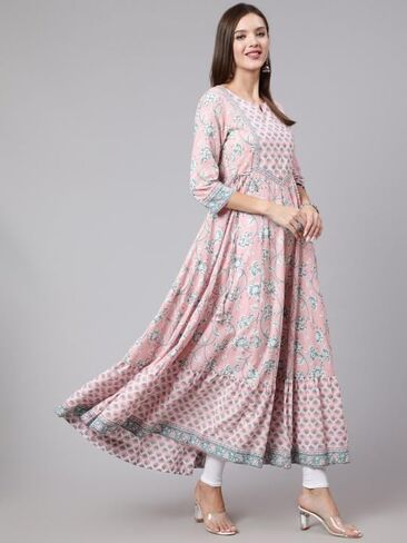 Women’s Cotton Anarkali Kurti – Pink Floral Printed Ethnic Wear Long Flair Kurta with 3/4 Sleeves in Saudi Arabia