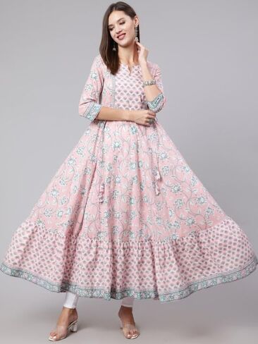 Women’s Cotton Anarkali Kurti – Pink Floral Printed Ethnic Wear Long Flair Kurta with 3/4 Sleeves in Saudi Arabia