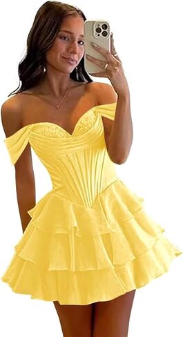 Off Shoulder Chiffon Tiered Homecoming Dresses 2026 Short for Teens Corset Appliques Cocktail Graduation Dresses in Kuwait