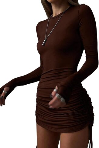 Women’s Ruched Long Sleeve Mini Bodycon Dress Sexy Drawstring Fitted Short Cocktail Party Club Outfit Night Out Dress in Saudi Arabia