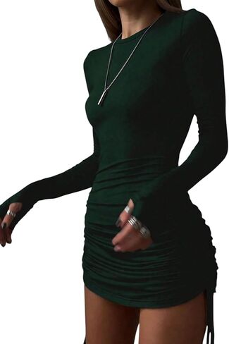 Women’s Ruched Long Sleeve Mini Bodycon Dress Sexy Drawstring Fitted Short Cocktail Party Club Outfit Night Out Dress in Kuwait