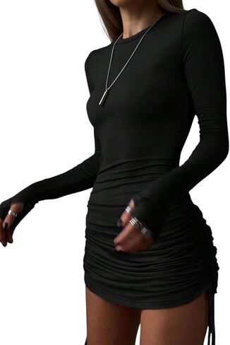 Women’s Ruched Long Sleeve Mini Bodycon Dress Sexy Drawstring Fitted Short Cocktail Party Club Outfit Night Out Dress in Kuwait
