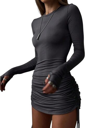 Women’s Ruched Long Sleeve Mini Bodycon Dress Sexy Drawstring Fitted Short Cocktail Party Club Outfit Night Out Dress in Kuwait