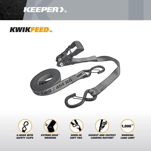 Keeper KwikFeed Ratchet Tie Down Straps 2 Pack, 1.25" x 16 ft, 1000 lb WLL / 3000 lb Break Strength, Patented Slide-in Loading, ExtremeEdge Webbing, Safety Clip Hooks, Glove-Friendly Handle in Saudi Arabia