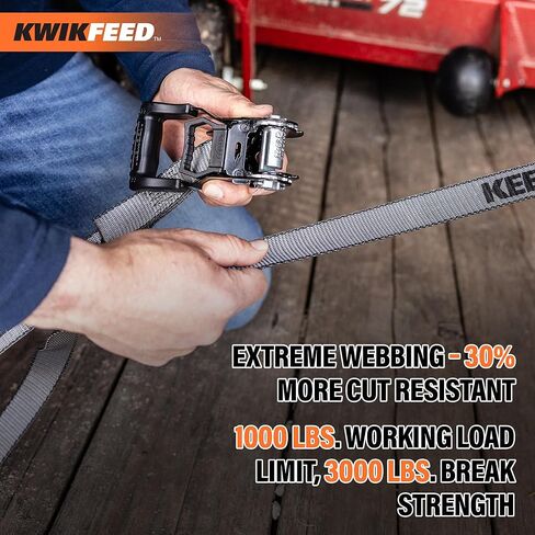 Keeper KwikFeed Ratchet Tie Down Straps 2 Pack, 1.25" x 16 ft, 1000 lb WLL / 3000 lb Break Strength, Patented Slide-in Loading, ExtremeEdge Webbing, Safety Clip Hooks, Glove-Friendly Handle in Saudi Arabia