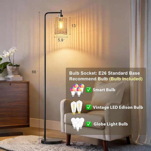 مصباح أرضي أسود مقاس 66 بوصة من Oneach لغرفة المعيشة، مصباح أرضي بوهو مع لمبة LED، ظل الروطان، مفتاح القدم، مصباح صناعي طويل القامة لغرفة النوم، غرفة الطعام، غرفة الدراسة، المكتب in Kuwait