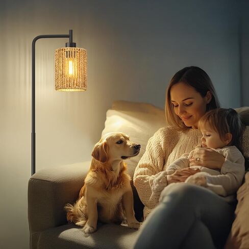 مصباح أرضي أسود مقاس 66 بوصة من Oneach لغرفة المعيشة، مصباح أرضي بوهو مع لمبة LED، ظل الروطان، مفتاح القدم، مصباح صناعي طويل القامة لغرفة النوم، غرفة الطعام، غرفة الدراسة، المكتب in Kuwait