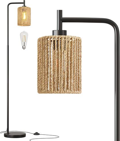 مصباح أرضي أسود مقاس 66 بوصة من Oneach لغرفة المعيشة، مصباح أرضي بوهو مع لمبة LED، ظل الروطان، مفتاح القدم، مصباح صناعي طويل القامة لغرفة النوم، غرفة الطعام، غرفة الدراسة، المكتب in Kuwait