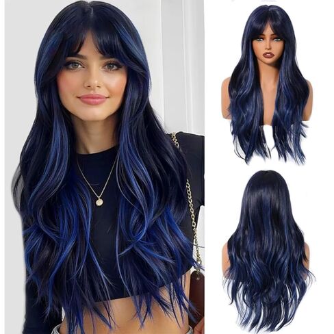 Sallcks المرأة طويلة الطبقات أسود مع الأزرق تسليط الضوء على الباروكات مع الانفجارات مقاومة للحرارة الألياف الاصطناعية أزياء الهالوين الباروكات in Kuwait