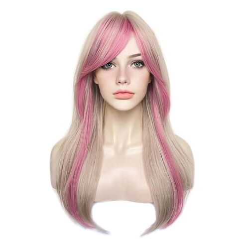 Sallcks المرأة طويلة الطبقات أسود مع الأزرق تسليط الضوء على الباروكات مع الانفجارات مقاومة للحرارة الألياف الاصطناعية أزياء الهالوين الباروكات in Kuwait