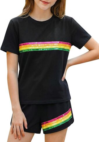Kids4ever الفتيات ملابس الصيف 2 قطعة وتتسابق الاطفال قوس قزح مجموعة تي شيرتات قصيرة للأطفال فتاة عادية تي شيرت و مرونة الخصر السراويل 7-14Y in Kuwait