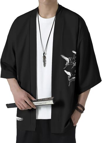 Mens Kimono Japanese Jacket Haori Yukata Cardigan Robe for Male Lightweight Seven-Quarter Sleeve Open Front in Saudi Arabia