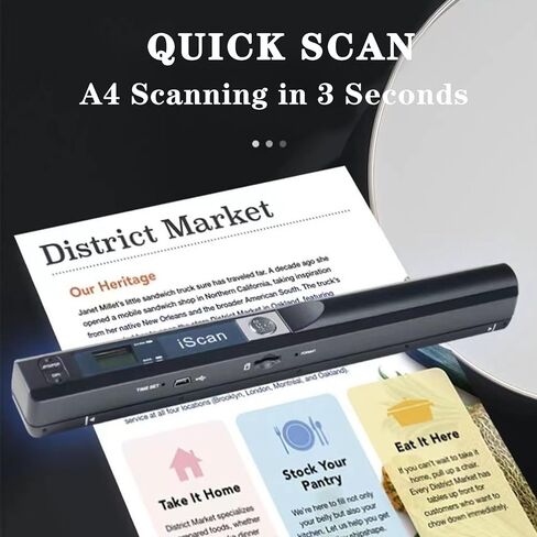 ماسح ضوئي محمول مع بطاقة SD 32 جيجا، ماسح ضوئي محمول بصيغة JPG PDF بدقة 900 نقطة في البوصة، بطارية AA (غير متضمنة) ماسح ضوئي للمستندات مقاس A4 ملون لنقل USB لكتب إيصالات الصور التجارية (أسود) in Kuwait