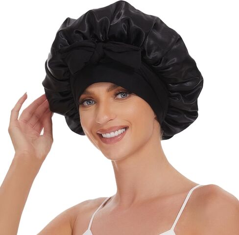 بونيه شعر حريري مع حزام للنوم، قبعة نوم من الساتان مزدوجة الطبقات للنساء، بطانة ناعمة للشعر المجعد والطبيعي in Kuwait