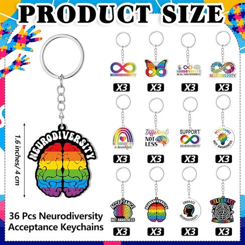 Kenning 36 Pcs Neurodiversity Acceptance Keychains Acrylic Celebrate Neurodiversity Brain Autism Rainbow Keychain Health Mental Accessories in Saudi Arabia
