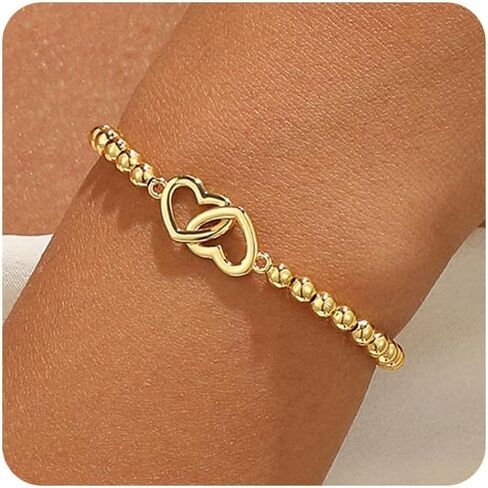 Gold/Silver Bracelet for Women Trendy Stretch Handmade Ball Charm Beaded Bracelet Dainty Cross Heart Bow CZ Stackable Jewelry Charm Gifts for Her in Saudi Arabia