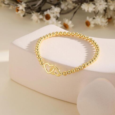 Gold/Silver Bracelet for Women Trendy Stretch Handmade Ball Charm Beaded Bracelet Dainty Cross Heart Bow CZ Stackable Jewelry Charm Gifts for Her in Saudi Arabia