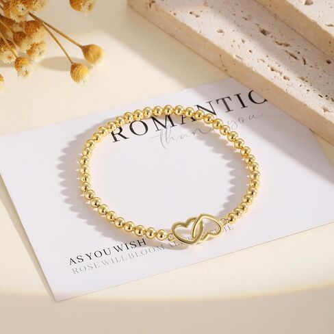Gold/Silver Bracelet for Women Trendy Stretch Handmade Ball Charm Beaded Bracelet Dainty Cross Heart Bow CZ Stackable Jewelry Charm Gifts for Her in Saudi Arabia
