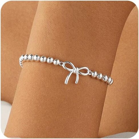 Gold/Silver Bracelet for Women Trendy Stretch Handmade Ball Charm Beaded Bracelet Dainty Cross Heart Bow CZ Stackable Jewelry Charm Gifts for Her in Saudi Arabia
