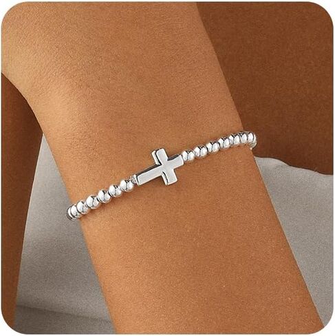 Gold/Silver Bracelet for Women Trendy Stretch Handmade Ball Charm Beaded Bracelet Dainty Cross Heart Bow CZ Stackable Jewelry Charm Gifts for Her in Saudi Arabia