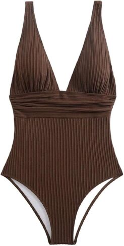 Womens Boho Deep V-Neck Monokini Bikini Swimsuit High Stretch Solid One-Piece for Beach & Vacation in Saudi Arabia