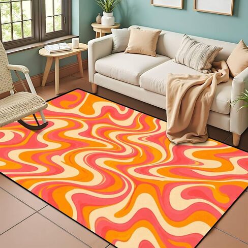 PeeNoke 1970 متموجة دوامة سلسة برتقالية وردية الألوان مرسومة باليد السبعينيات نمط منطقة البساط في الهواء الطلق سجادة الفناء لعب حصيرة الكلمة حصيرة السجاد الحديثة عدم الانزلاق ديكور المنزل غرفة المعيشة غرفة نوم الحضانة، 3x5 قدم in Kuwait