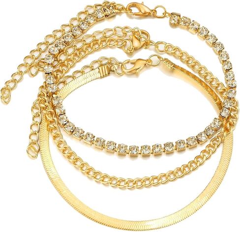 14K Gold Layered Chain Anklets, Cuban Chain Flat Snake Bone Chain Tennis Chain Anklet Set, Shiny Cubic Zirconia Charm Jewelry Gifts for Women Teen Girls in Kuwait