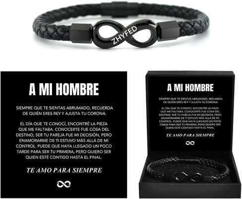 Spanish Card，To My Man, Personalized Dual Name Infinity Leather Bracelet, Personalized Custom Name Stainless Steel Braided Bracelet for Men/Women, for Birthday, Anniversary ,Christmas ,Valentine's Day Gifts in Kuwait