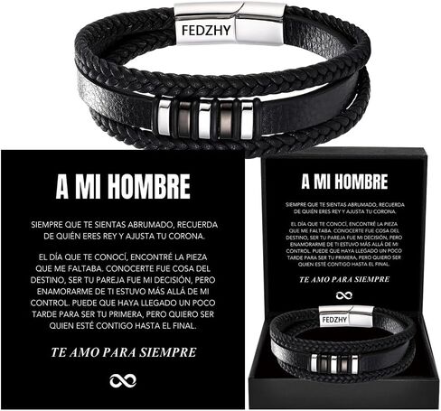 Spanish Card，To My Man, Personalized Dual Name Infinity Leather Bracelet, Personalized Custom Name Stainless Steel Braided Bracelet for Men/Women, for Birthday, Anniversary ,Christmas ,Valentine's Day Gifts in Kuwait