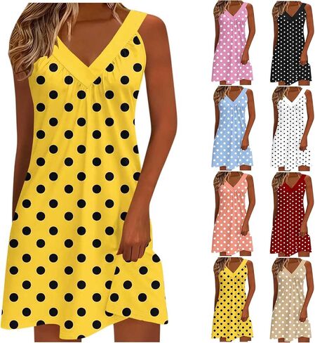 Women Polka Point Sundress V Neck Sleeveless Tank Dresses Summer Fashion Dressy Casual Beach Vacation Mini Cmai Dress in Saudi Arabia