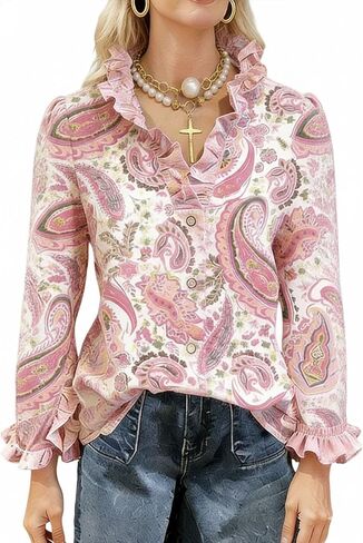 Women's Pink Paisley Floral Print Blouse Ruffled Collar Cuff Long Sleeve Button-Down Shirt Boho Casual Top in Kuwait