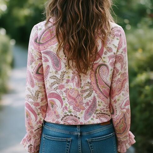Women's Pink Paisley Floral Print Blouse Ruffled Collar Cuff Long Sleeve Button-Down Shirt Boho Casual Top in Kuwait