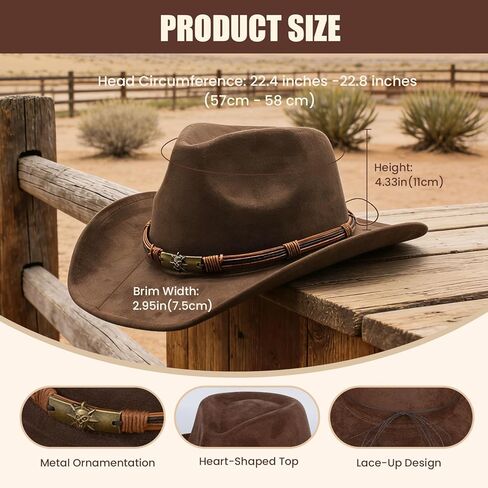 قبعة رعاة البقر بنية للجنسين، قبعة رعاة البقر الغربية ذات حافة واسعة قابلة للتعديل للحفلات وركوب الخيل والسفر والأنشطة الخارجية (بني) in Kuwait
