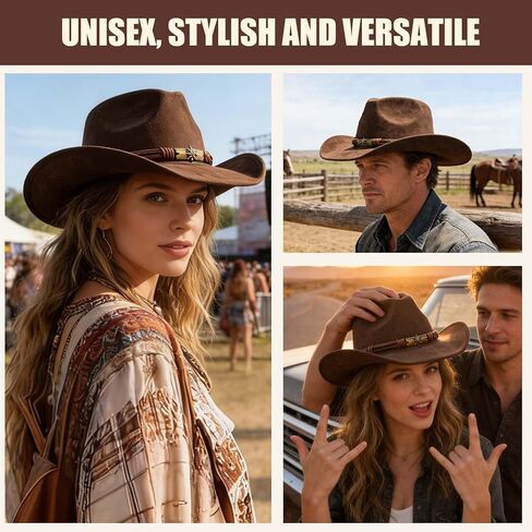 قبعة رعاة البقر بنية للجنسين، قبعة رعاة البقر الغربية ذات حافة واسعة قابلة للتعديل للحفلات وركوب الخيل والسفر والأنشطة الخارجية (بني) in Kuwait