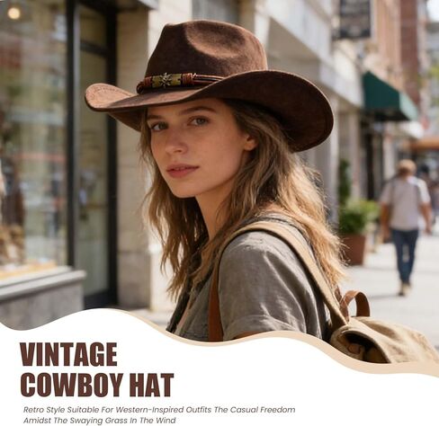 قبعة رعاة البقر بنية للجنسين، قبعة رعاة البقر الغربية ذات حافة واسعة قابلة للتعديل للحفلات وركوب الخيل والسفر والأنشطة الخارجية (بني) in Kuwait