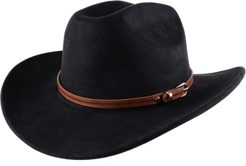 قبعة رعاة البقر سوداء واسعة الحواف للجنسين مع شريط بني أنيق، قبعة رعاة البقر الأنيقة للرجال والنساء للحفلات والأنشطة الخارجية in Kuwait