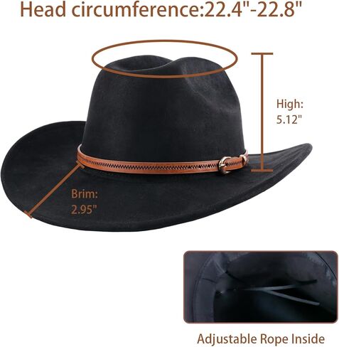 قبعة رعاة البقر سوداء واسعة الحواف للجنسين مع شريط بني أنيق، قبعة رعاة البقر الأنيقة للرجال والنساء للحفلات والأنشطة الخارجية in Kuwait