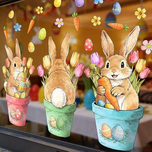 Farmhouse Easter Decorations Window Clings: Extra Large Cute Bunny in the Potted Floral, Rustic Easter Rabbits with Carrot Colored Eggs, Spring Window Clings for Kids Home Office Party Gifts, 3 Sheets in Saudi Arabia