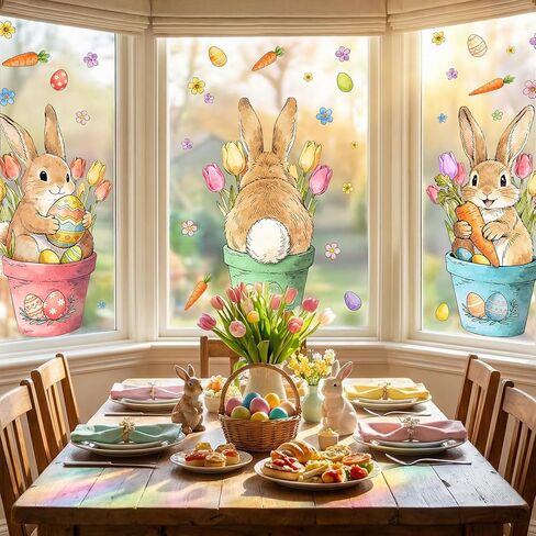 Farmhouse Easter Decorations Window Clings: Extra Large Cute Bunny in the Potted Floral, Rustic Easter Rabbits with Carrot Colored Eggs, Spring Window Clings for Kids Home Office Party Gifts, 3 Sheets in Saudi Arabia