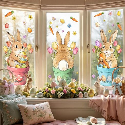 Farmhouse Easter Decorations Window Clings: Extra Large Cute Bunny in the Potted Floral, Rustic Easter Rabbits with Carrot Colored Eggs, Spring Window Clings for Kids Home Office Party Gifts, 3 Sheets in Saudi Arabia