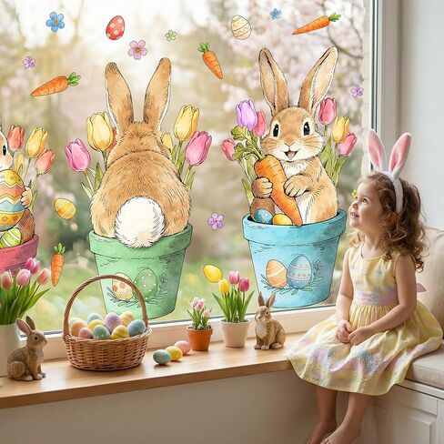 Farmhouse Easter Decorations Window Clings: Extra Large Cute Bunny in the Potted Floral, Rustic Easter Rabbits with Carrot Colored Eggs, Spring Window Clings for Kids Home Office Party Gifts, 3 Sheets in Saudi Arabia