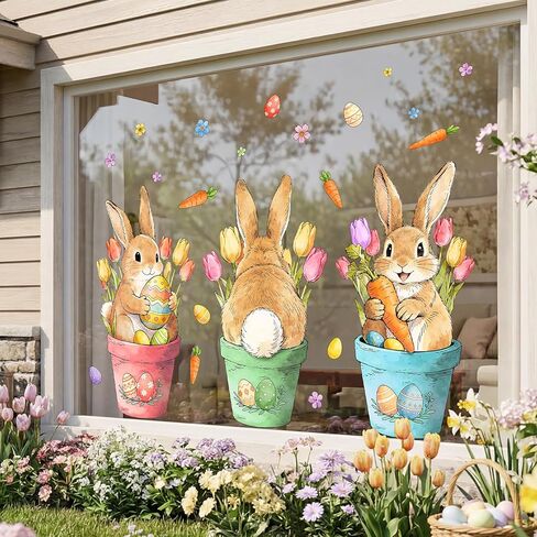 Farmhouse Easter Decorations Window Clings: Extra Large Cute Bunny in the Potted Floral, Rustic Easter Rabbits with Carrot Colored Eggs, Spring Window Clings for Kids Home Office Party Gifts, 3 Sheets in Saudi Arabia