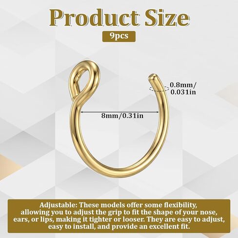9 PCS Fake Nose Rings for Women, 8 mm Non Piercing Lip Rings Clip on Fake Nose Piercing Fakes Noses Hoop Faux Lip Ring, Non Piercings Faux Noses Piercings Jewelry for Women Men in Saudi Arabia