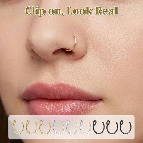 9 PCS Fake Nose Rings for Women, 8 mm Non Piercing Lip Rings Clip on Fake Nose Piercing Fakes Noses Hoop Faux Lip Ring, Non Piercings Faux Noses Piercings Jewelry for Women Men in Saudi Arabia