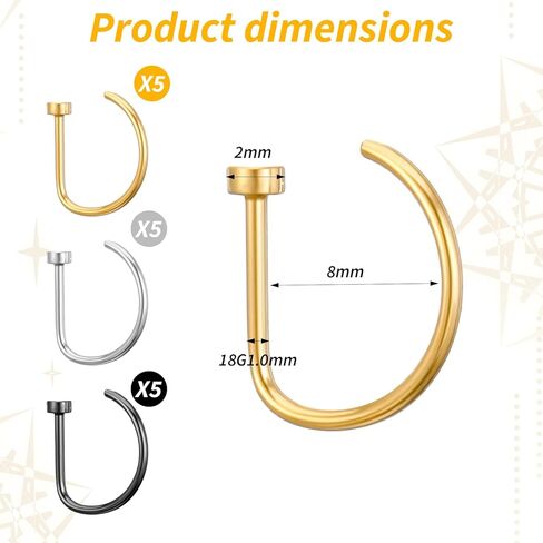 15PCS Fake Nose Rings and Lip Hoops - Stainless Steel Fake Piercings No-Piercing Required, 3 Colors Faux Nose Piercing Jewelry for Women Men in Saudi Arabia