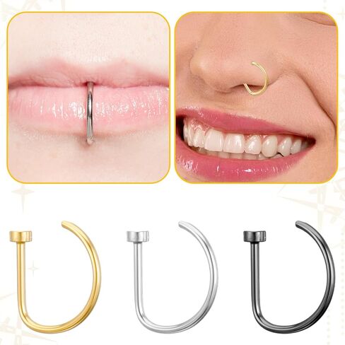 15PCS Fake Nose Rings and Lip Hoops - Stainless Steel Fake Piercings No-Piercing Required, 3 Colors Faux Nose Piercing Jewelry for Women Men in Saudi Arabia