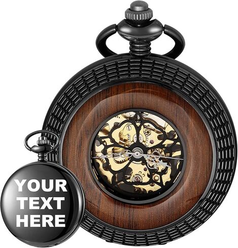 Hand-Wind Mechanical Men's Pocket Watch Steampunk Wood Grain Hollow Design with Chain & Box in Kuwait