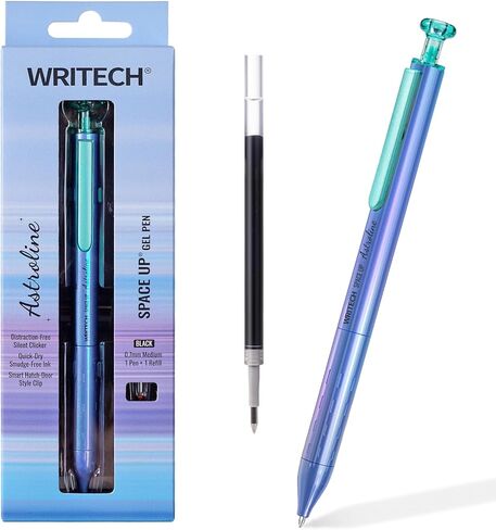 WRITECH Gel Pen Fine Point: Space Up Astroline Pen Metal Barrel 0.7mm Retractable Black Ink 1ct with 1 Refill Silent Clicker Smooth Writing No Smear (Blue) in Saudi Arabia