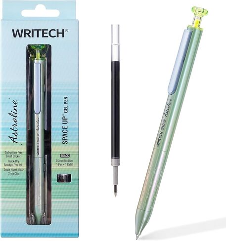 WRITECH Gel Pen Fine Point: Space Up Astroline Pen Metal Barrel 0.7mm Retractable Black Ink 1ct with 1 Refill Silent Clicker Smooth Writing No Smear (Blue) in Saudi Arabia