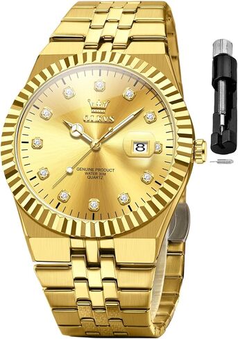 OLEVS Mens Watches Luxury Diamond Calendar Stainless Steel Male Watches Business Dress Waterproof Luminous Fashion Watch for Men in Kuwait